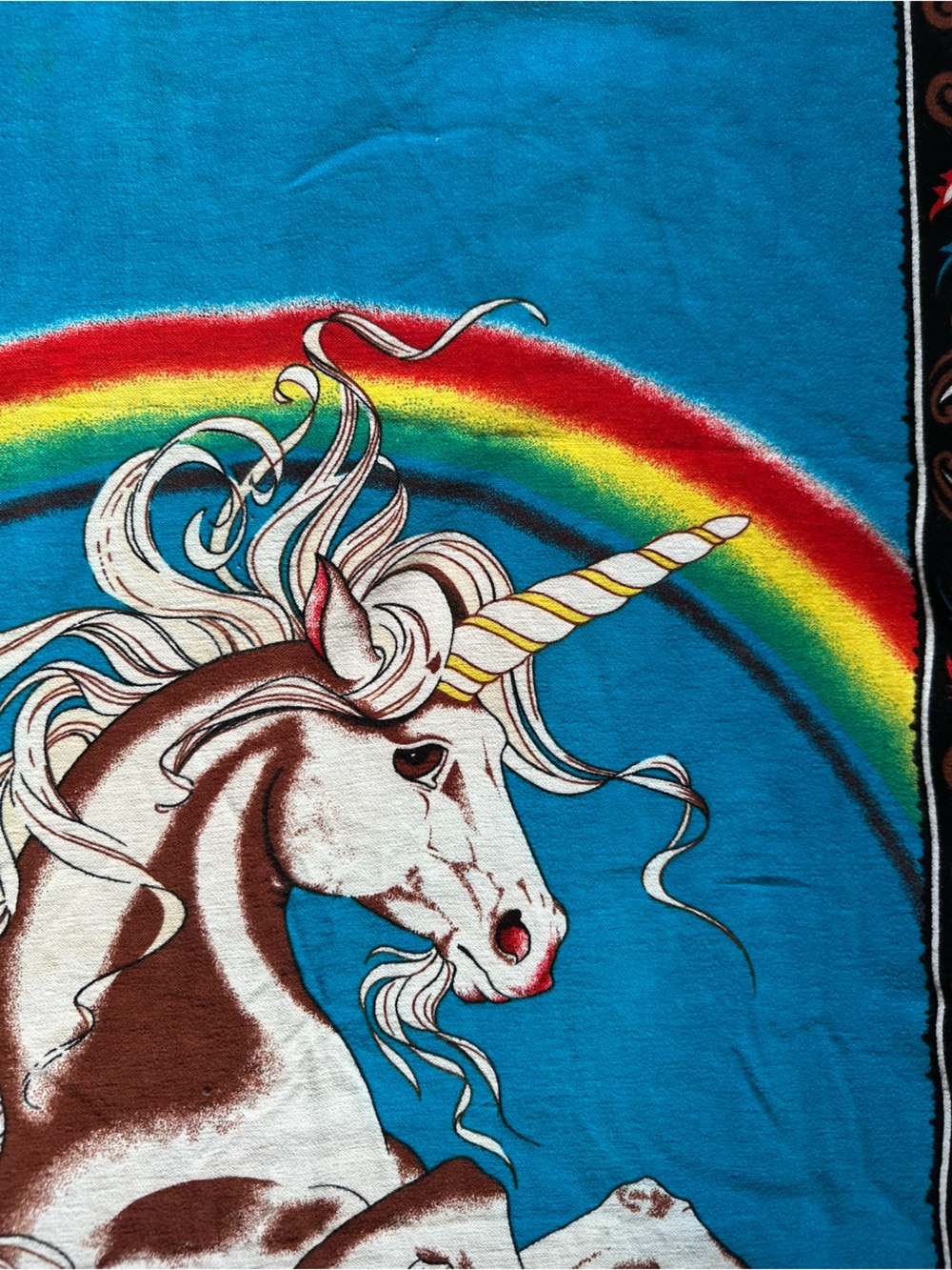Vintage 70s Beushed Cotton Unicorn Rainbow Tapestry - Picture 2 of 3